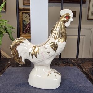 Vintage Gold Chintz Rooster Planter Vase | Mid Century Ceramic Figurine 7"